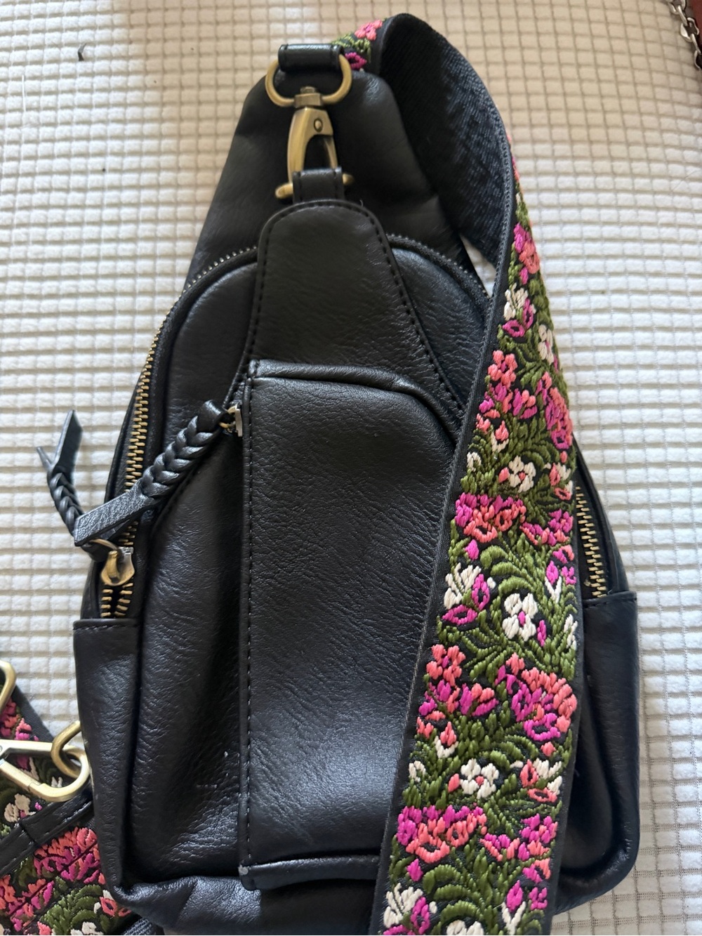 Black Leather Crossbody Sling Bag with Floral Embroidered Strap